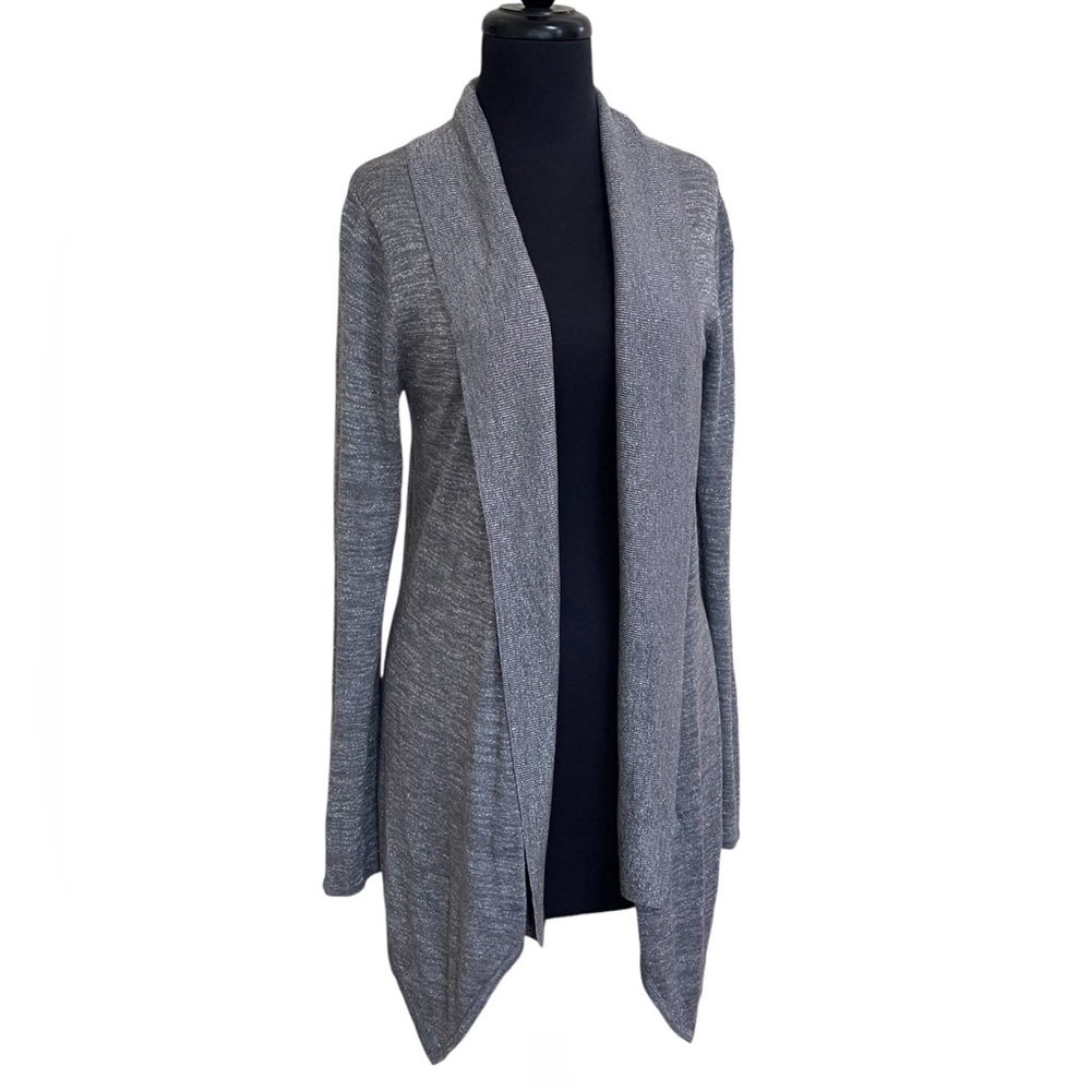 Cache’ Gray Silver Metallic Cardigan Sweater Sz M High Low Hemline Shimmer